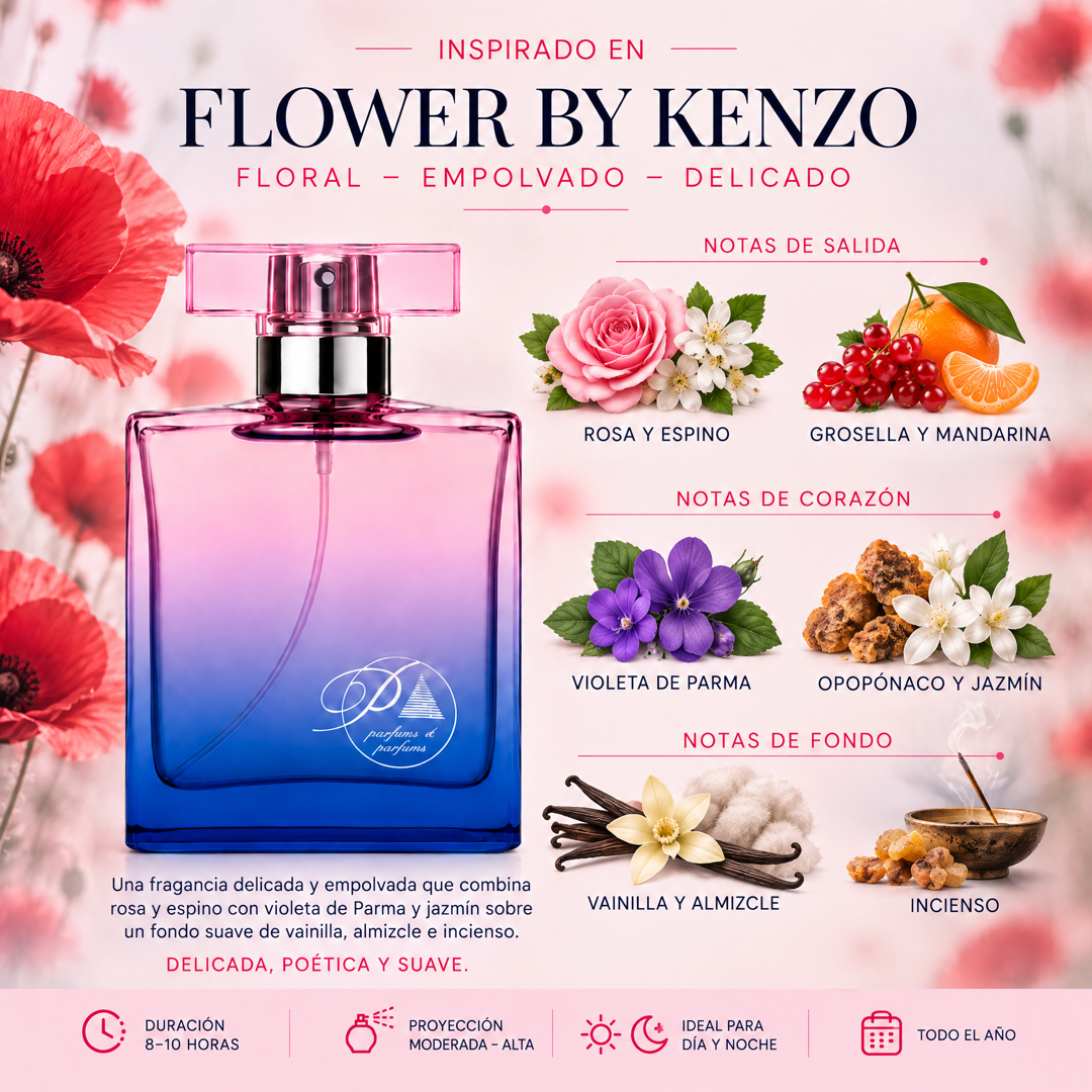 Notas olfativas del perfume inspirado en Flower by Kenzo: rosa, espino, grosella, mandarina, violeta de Parma, opopónaco, jazmín, vainilla, almizcle e incienso
