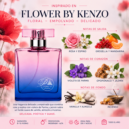 Notas olfativas del perfume inspirado en Flower by Kenzo: rosa, espino, grosella, mandarina, violeta de Parma, opopónaco, jazmín, vainilla, almizcle e incienso