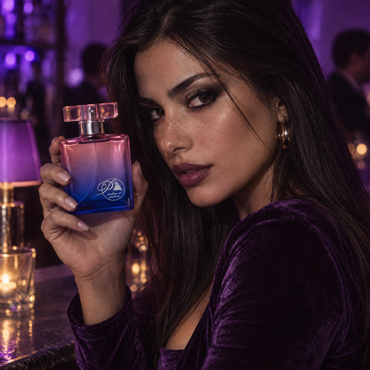 Mujer con el perfume inspirado en Halloween en un bar elegante de noche