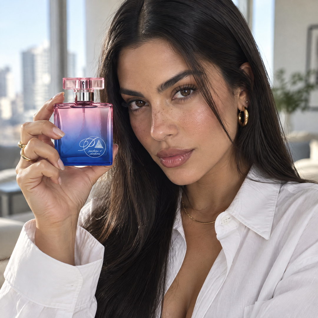 Mujer con el perfume inspirado en Idôle en un departamento luminoso