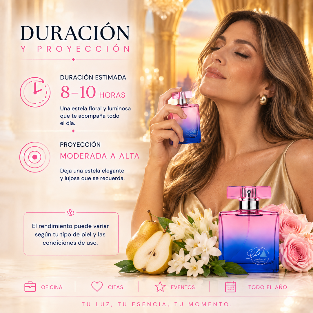 Duración de 8 a 10 horas y proyección moderada a alta del perfume de mujer inspirado en J'adore