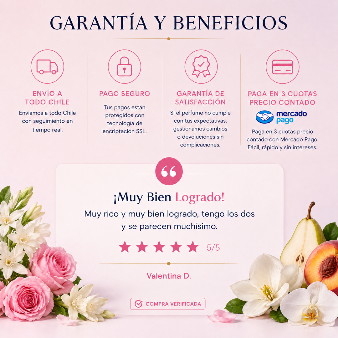 Garantía y beneficios con reseña de cliente, perfume inspirado en J'adore