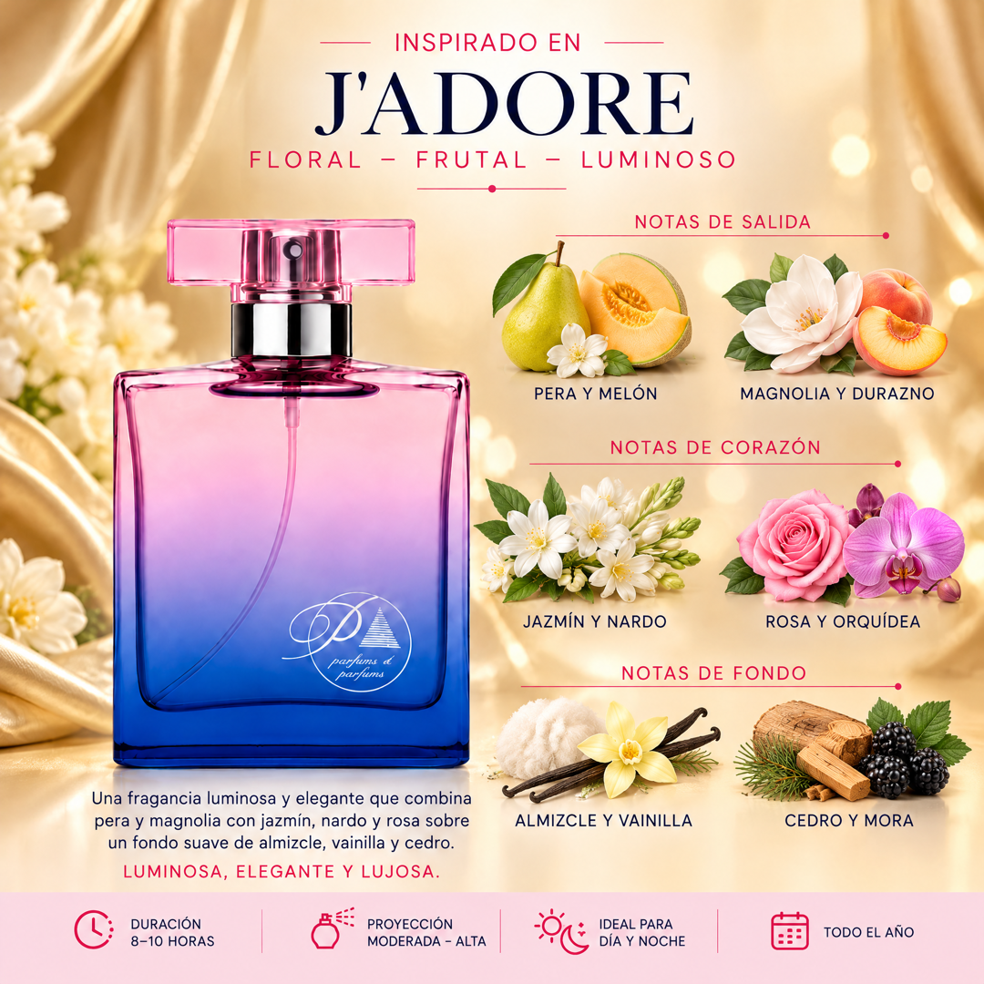 Notas olfativas del perfume inspirado en J'adore: pera, melón, magnolia, durazno, jazmín, nardo, rosa, orquídea, almizcle, vainilla, cedro y mora