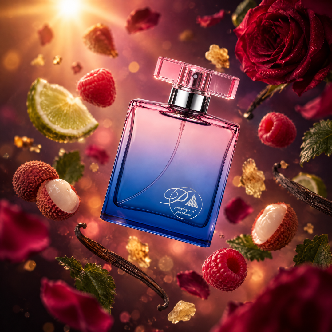Ingredientes del perfume inspirado en La Nuit Trésor: frambuesa, lichi, rosa, incienso y vainilla