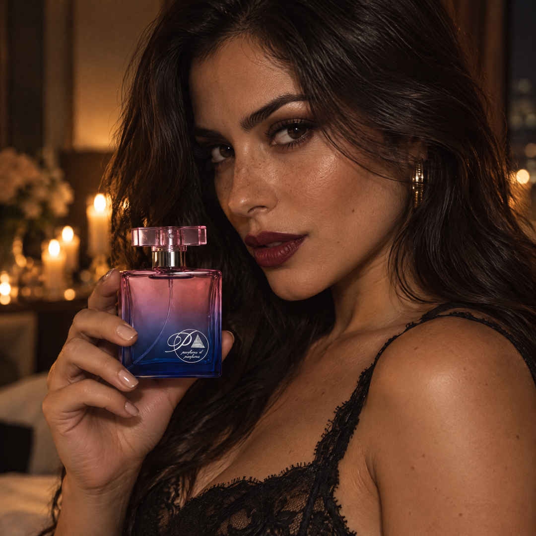 Mujer con el perfume inspirado en La Nuit Trésor en una suite de hotel a la luz de las velas