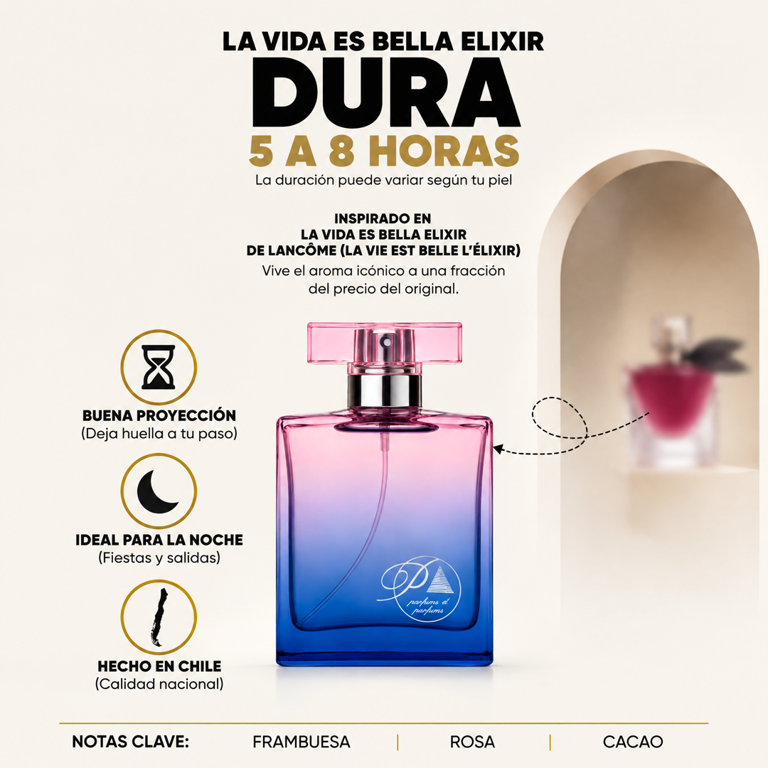 Perfume inspirado en La Vida es Bella Elixir con duración de 5 a 8 horas