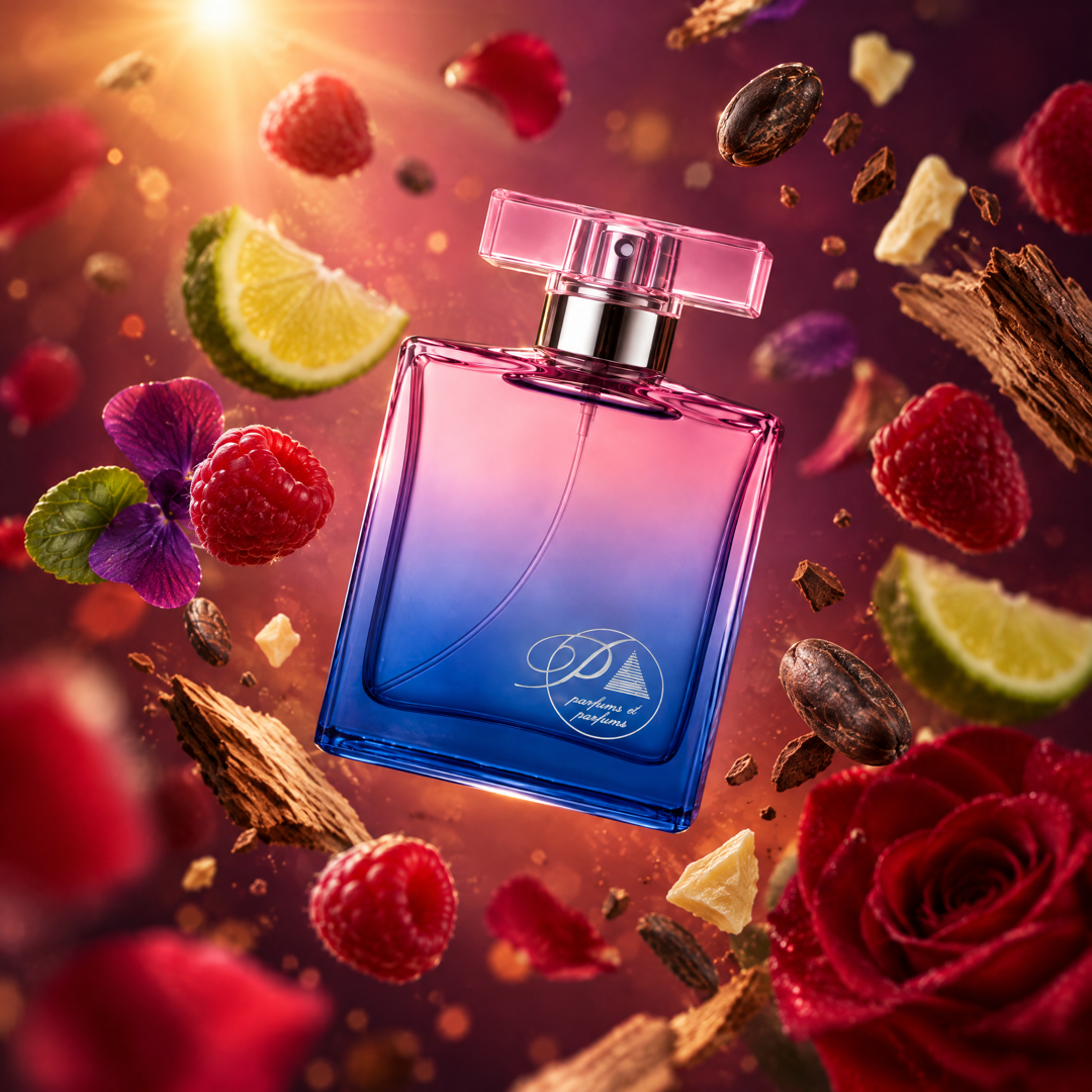 Ingredientes del perfume inspirado en La Vida es Bella Elixir: frambuesa, rosa, violeta, cacao y cuero
