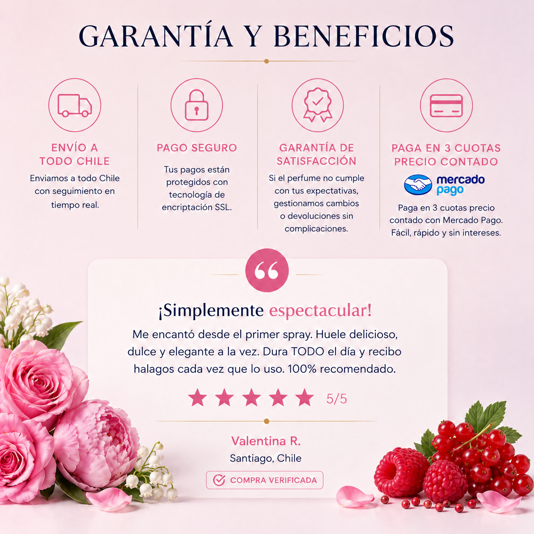 Garantía y beneficios: envío a todo Chile y pago en 3 cuotas, perfume inspirado en La Vida es Bella en Rosa