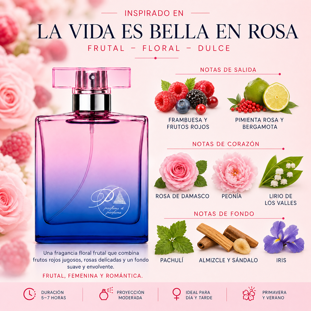 Notas olfativas del perfume inspirado en La Vida es Bella en Rosa: frambuesa, rosa de Damasco, peonía, pachulí e iris