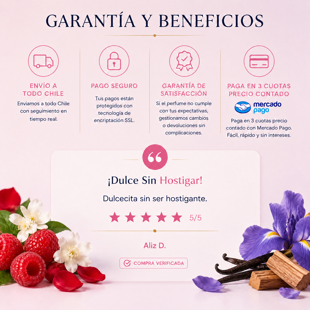 Garantía y beneficios con reseña de cliente, perfume inspirado en La Vida es Bella Intensa