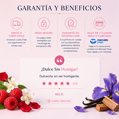 Garantía y beneficios con reseña de cliente, perfume inspirado en La Vida es Bella Intensa