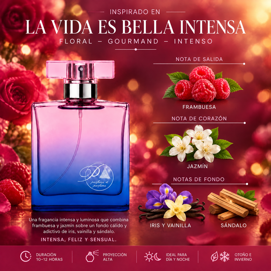 Notas olfativas del perfume inspirado en La Vida es Bella Intensa: frambuesa, jazmín, iris, vainilla y sándalo