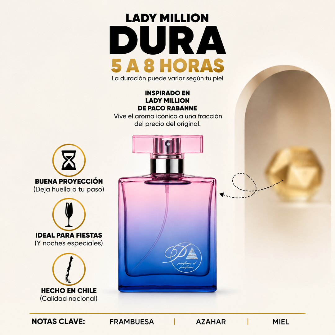 Perfume inspirado en Lady Million con duración de 5 a 8 horas