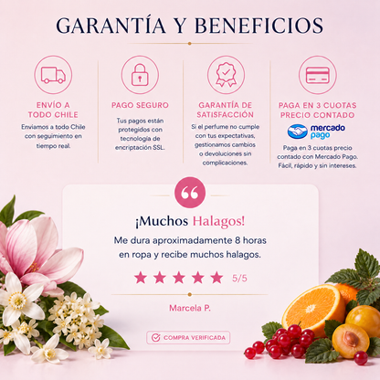 Garantía y beneficios con reseña de cliente, perfume inspirado en Lady Million Empire