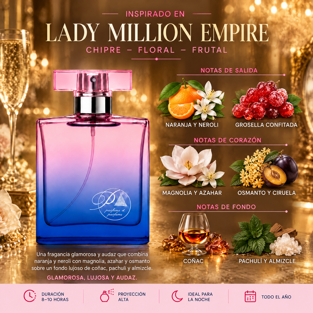 Notas olfativas del perfume inspirado en Lady Million Empire: naranja, neroli, grosella confitada, magnolia, azahar, osmanto, ciruela, coñac, pachulí y almizcle