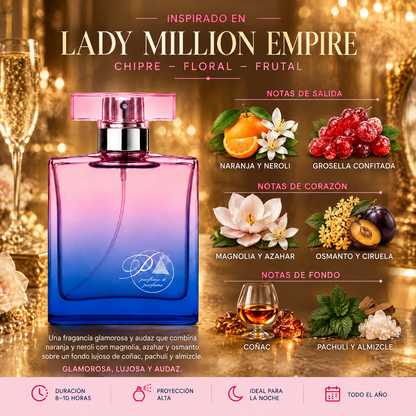 Notas olfativas del perfume inspirado en Lady Million Empire: naranja, neroli, grosella confitada, magnolia, azahar, osmanto, ciruela, coñac, pachulí y almizcle