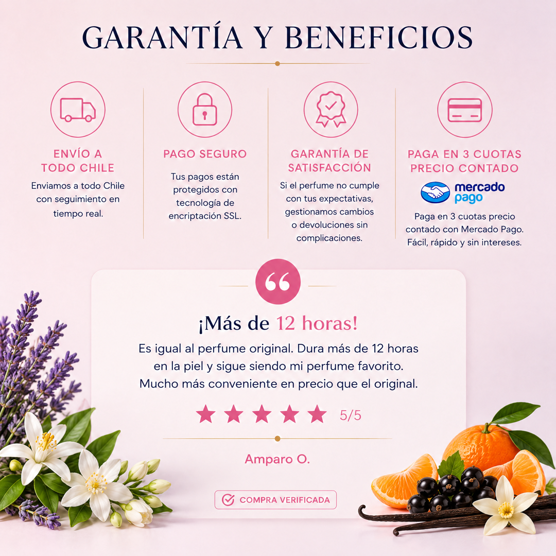 Garantía y beneficios con reseña de cliente, perfume inspirado en Libre