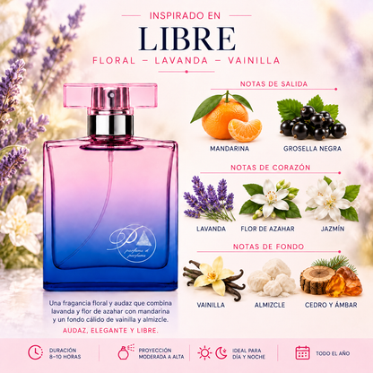 Notas olfativas del perfume inspirado en Libre: mandarina, grosella negra, lavanda, flor de azahar, jazmín, vainilla, almizcle, cedro y ámbar