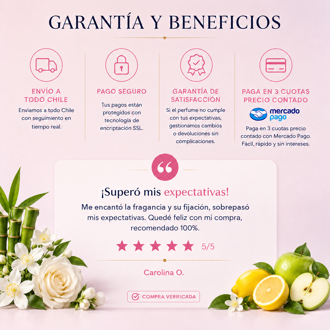 Garantía y beneficios con reseña de cliente, perfume inspirado en Light Blue