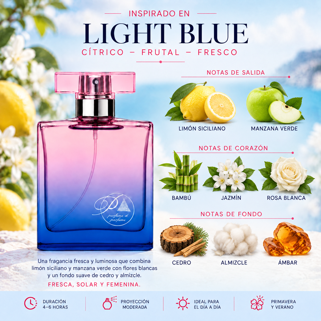 Notas olfativas del perfume inspirado en Light Blue: limón siciliano, manzana verde, bambú, jazmín, rosa blanca, cedro y almizcle
