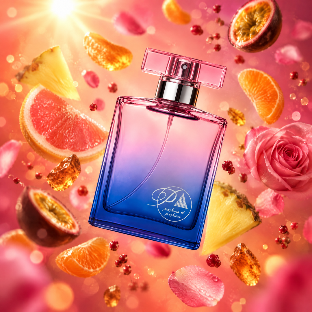Ingredientes del perfume inspirado en Live Irrésistible: piña, rosa, maracuyá, ámbar y praliné