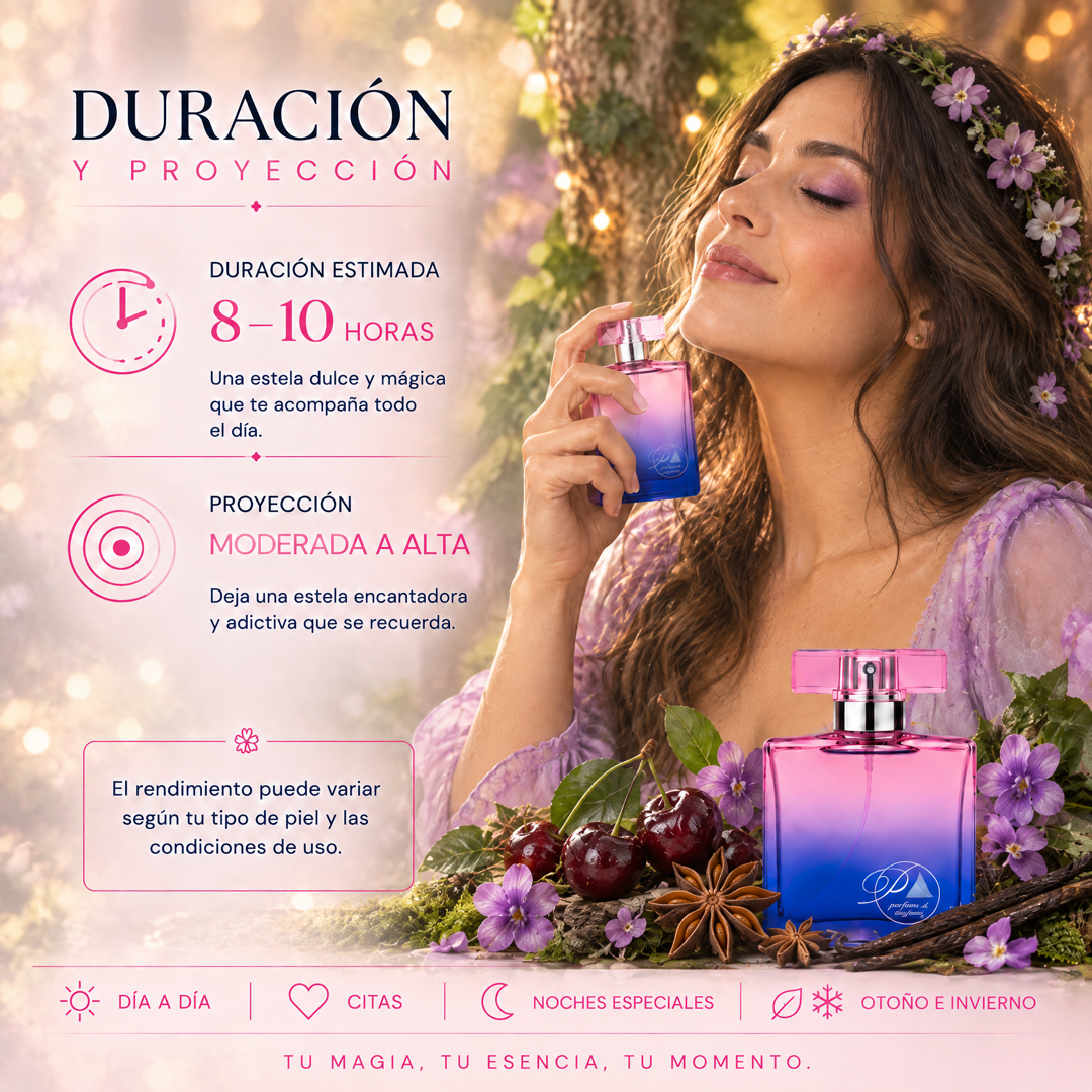 Duración de 8 a 10 horas y proyección moderada a alta del perfume de mujer inspirado en Lolita Lempicka