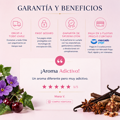 Garantía y beneficios con reseña de cliente, perfume inspirado en Lolita Lempicka