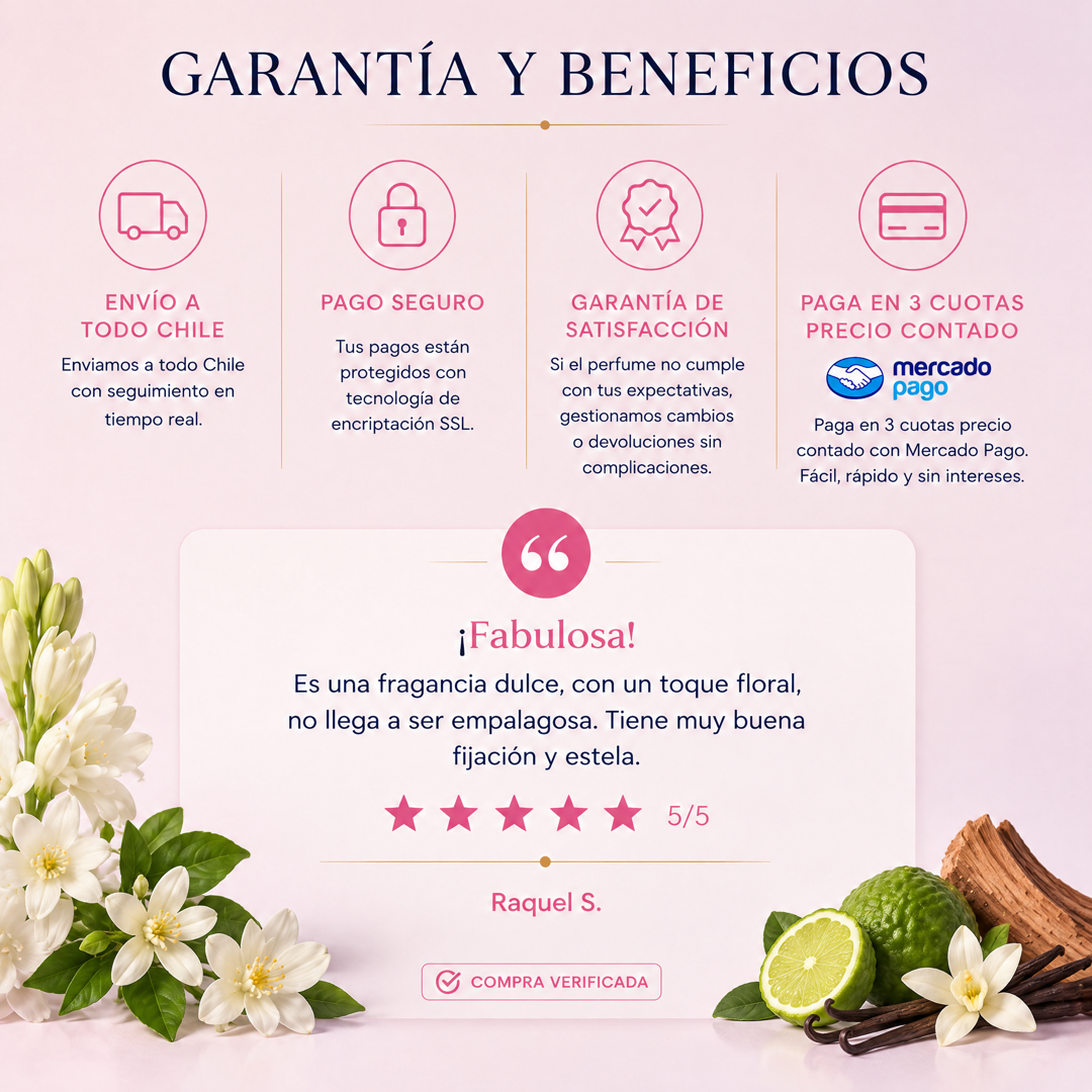 Garantía y beneficios con reseña de cliente, perfume inspirado en My Way