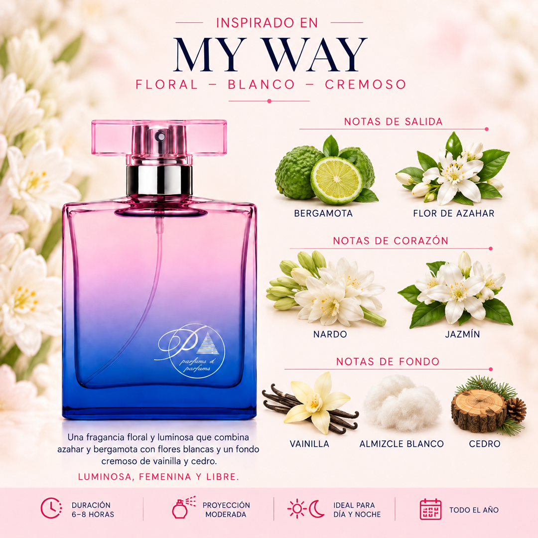 Notas olfativas del perfume inspirado en My Way: bergamota, flor de azahar, nardo, jazmín, vainilla, almizcle blanco y cedro