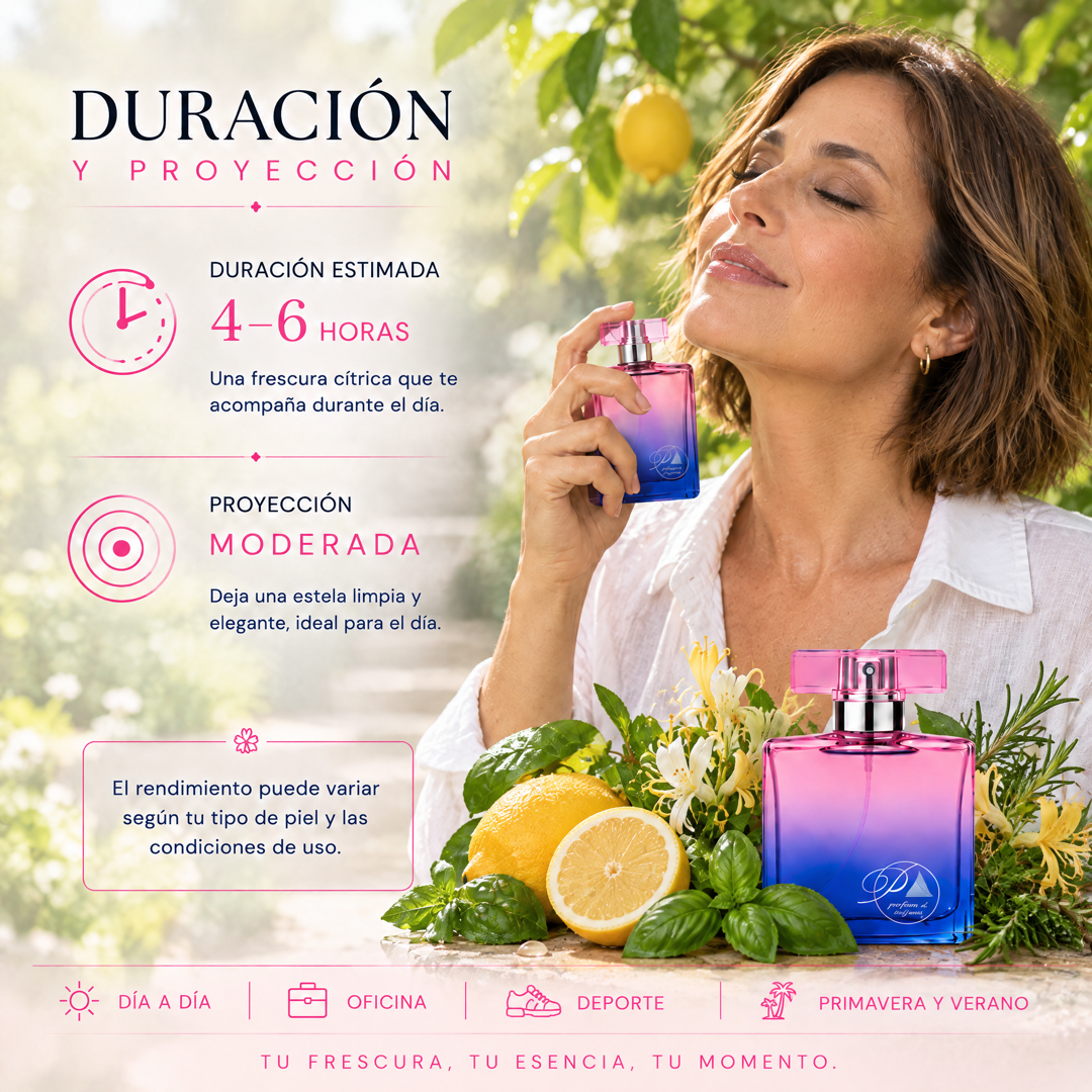 Duración de 4 a 6 horas y proyección moderada del perfume de mujer inspirado en Ô de Lancôme