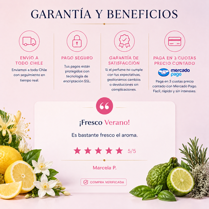 Garantía y beneficios con reseña de cliente, perfume inspirado en Ô de Lancôme