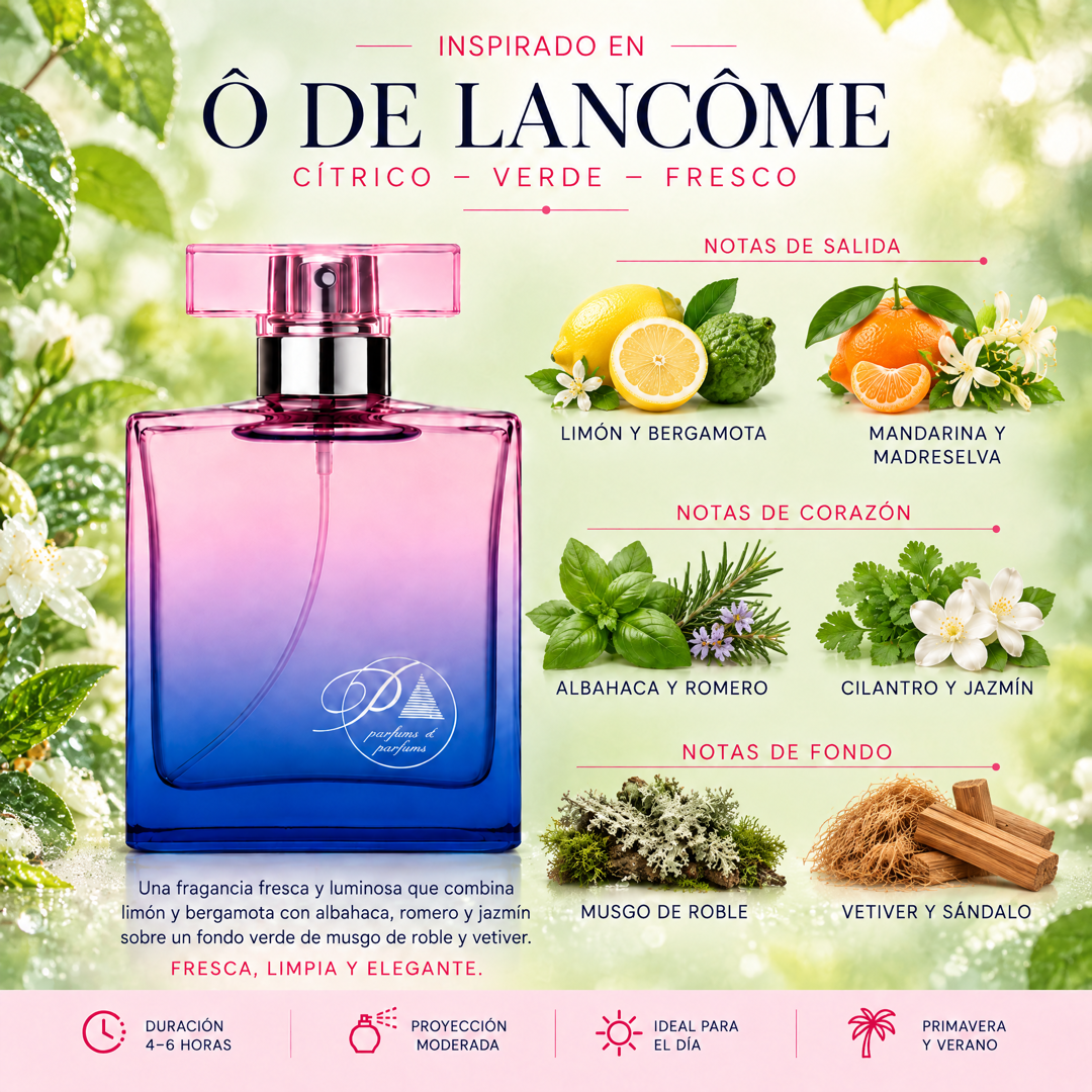 Notas olfativas del perfume inspirado en Ô de Lancôme: limón, bergamota, mandarina, madreselva, albahaca, romero, cilantro, jazmín, musgo de roble, vetiver y sándalo