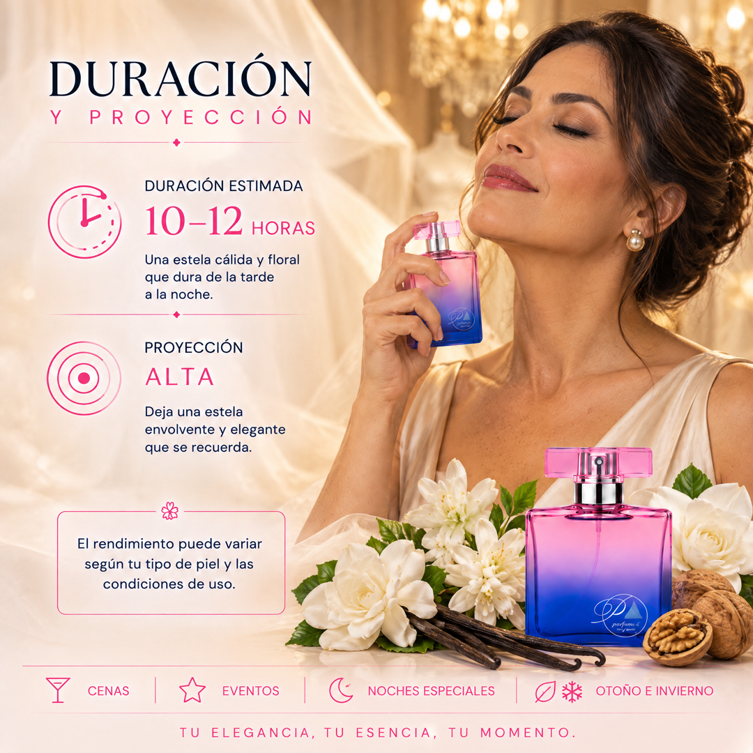 Duración de 10 a 12 horas y proyección alta del perfume de mujer inspirado en Organza