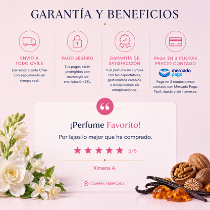 Garantía y beneficios con reseña de cliente, perfume inspirado en Organza