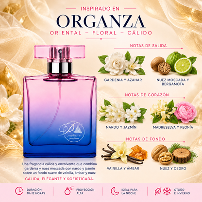 Notas olfativas del perfume inspirado en Organza: gardenia, azahar, nuez moscada, bergamota, nardo, jazmín, madreselva, peonía, vainilla, ámbar, nuez y cedro