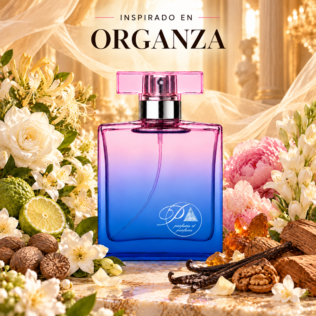 Perfume de mujer inspirado en Organza con gardenia, nuez moscada, nardo, jazmín y vainilla