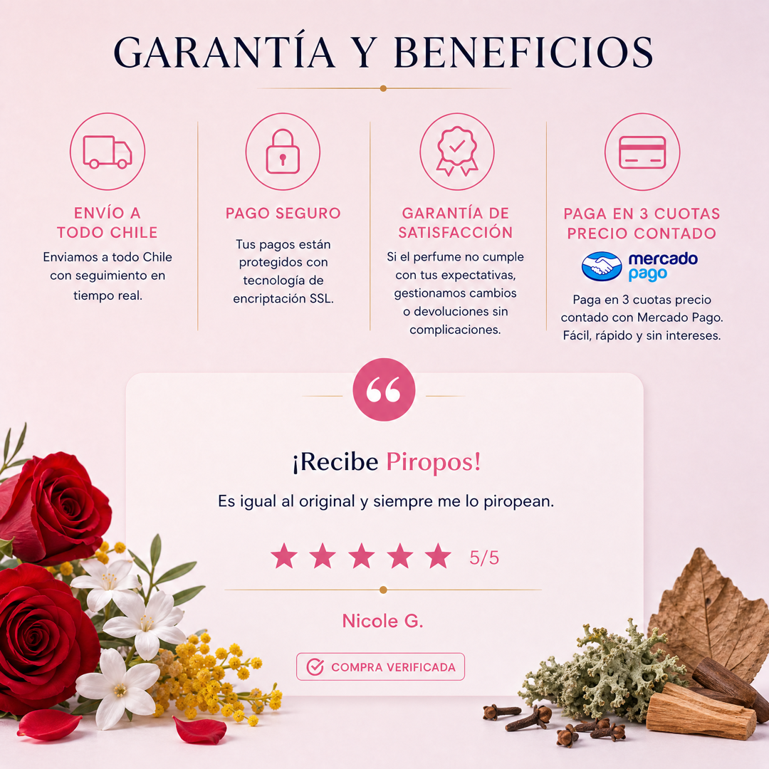 Garantía y beneficios con reseña de cliente, perfume inspirado en Paloma Picasso