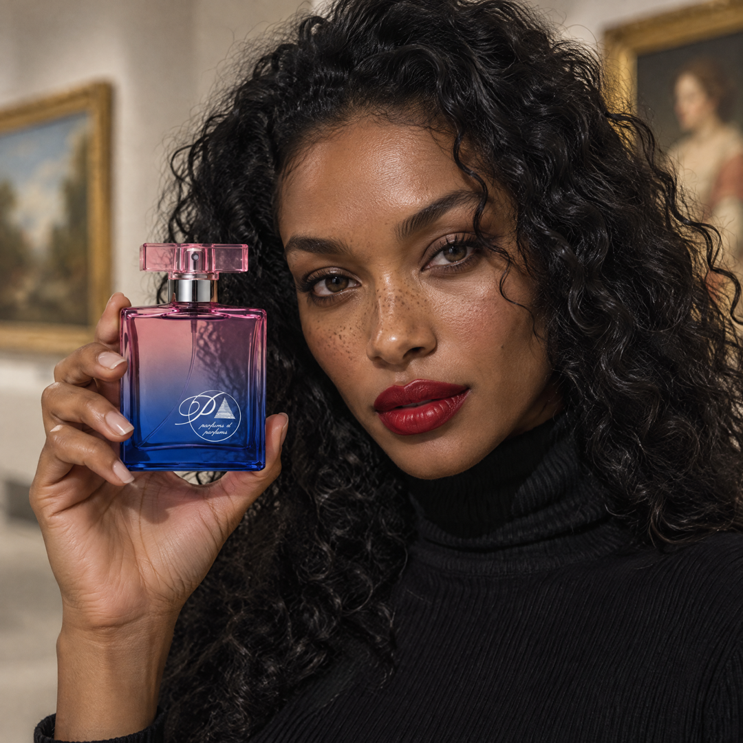 Mujer en una galería de arte con el perfume inspirado en Paloma Picasso de Perfumes Inferno