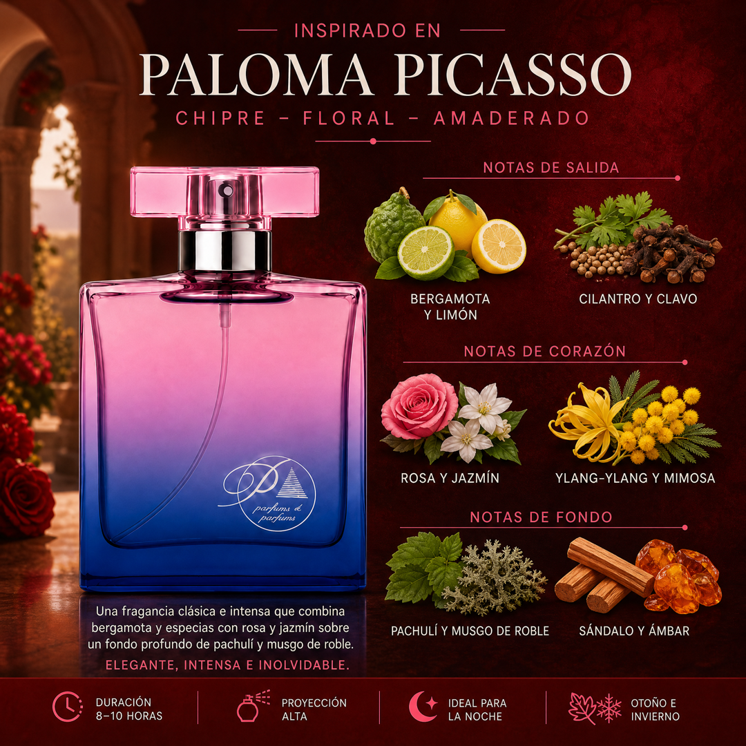 Notas olfativas del perfume inspirado en Paloma Picasso: bergamota, limón, cilantro, clavo, rosa, jazmín, ylang-ylang, mimosa, pachulí, musgo de roble, sándalo y ámbar