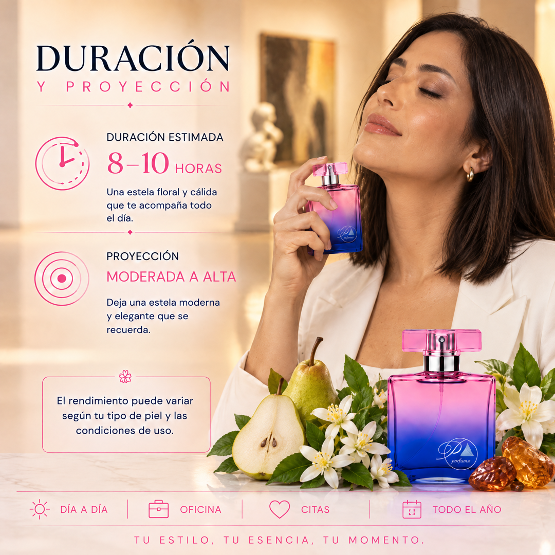 Duración de 8 a 10 horas y proyección moderada a alta del perfume de mujer inspirado en Paradoxe