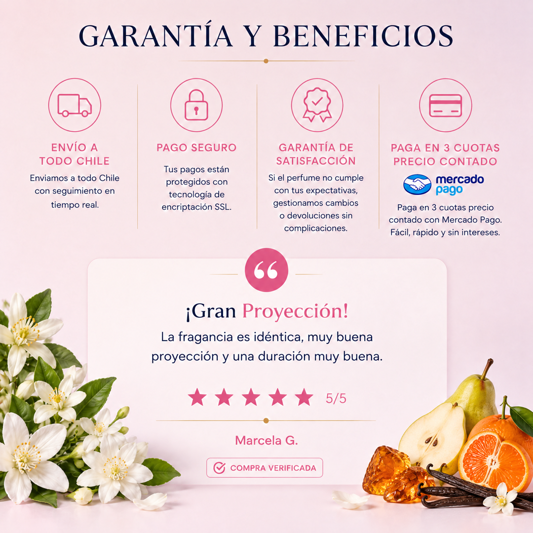 Garantía y beneficios con reseña de cliente, perfume inspirado en Paradoxe