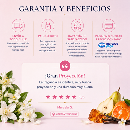 Garantía y beneficios con reseña de cliente, perfume inspirado en Paradoxe