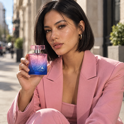 Mujer en la ciudad con traje rosado con el perfume inspirado en Paradoxe de Perfumes Inferno