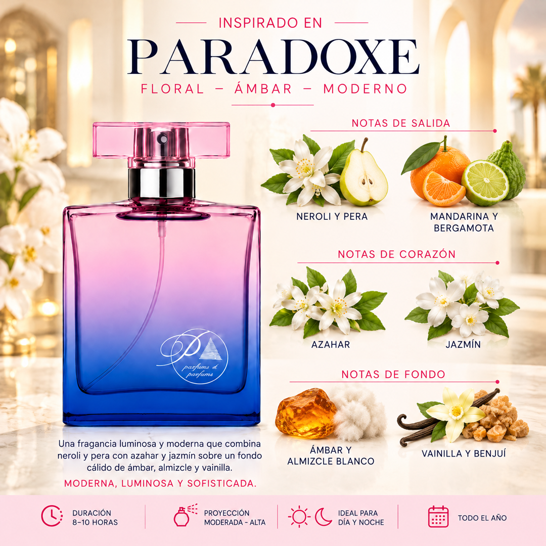 Notas olfativas del perfume inspirado en Paradoxe: neroli, pera, mandarina, bergamota, azahar, jazmín, ámbar, almizcle blanco, vainilla y benjuí