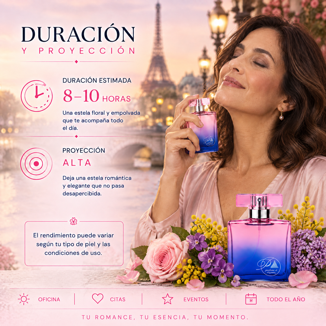 Duración de 8 a 10 horas y proyección alta del perfume de mujer inspirado en Paris