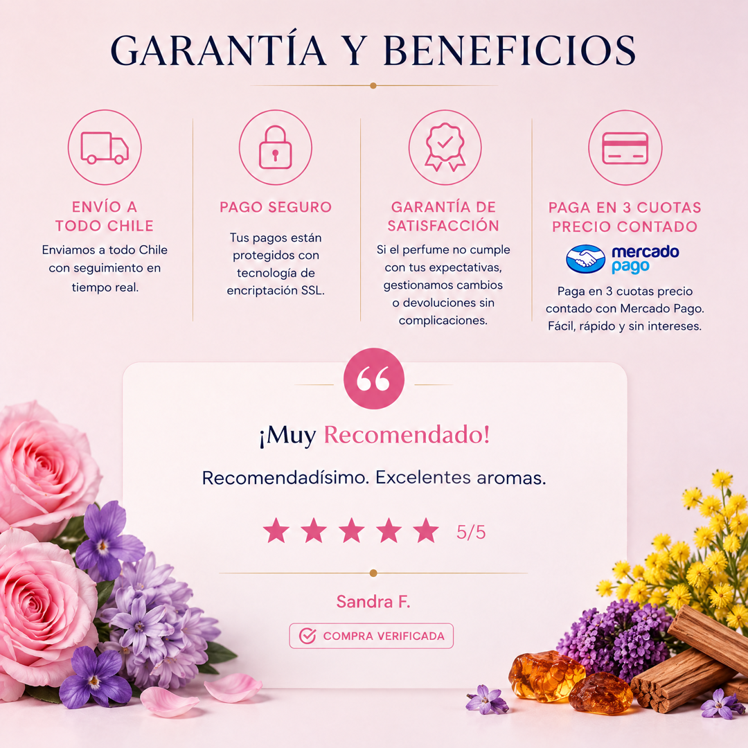 Garantía y beneficios con reseña de cliente, perfume inspirado en Paris