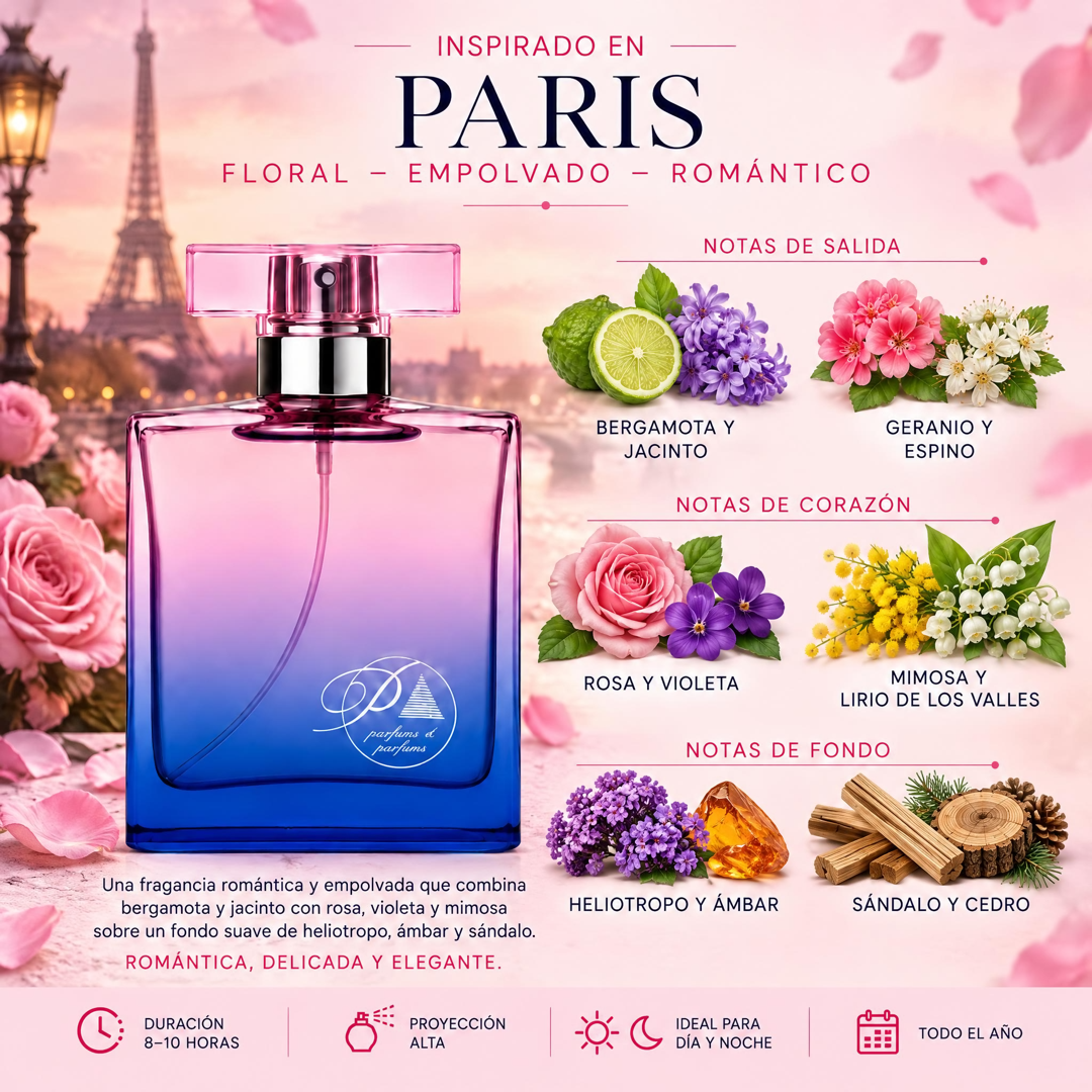 Notas olfativas del perfume inspirado en Paris: bergamota, jacinto, geranio, espino, rosa, violeta, mimosa, lirio de los valles, heliotropo, ámbar, sándalo y cedro