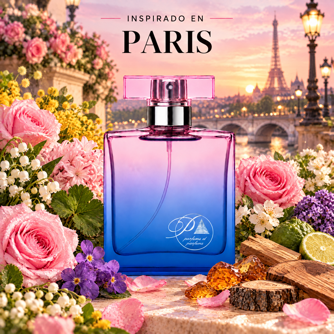 Perfume de mujer inspirado en Paris con rosa, violeta, mimosa, heliotropo y sándalo