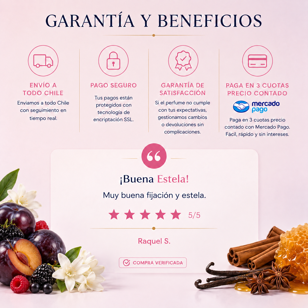 Garantía y beneficios con reseña de cliente, perfume inspirado en Poison