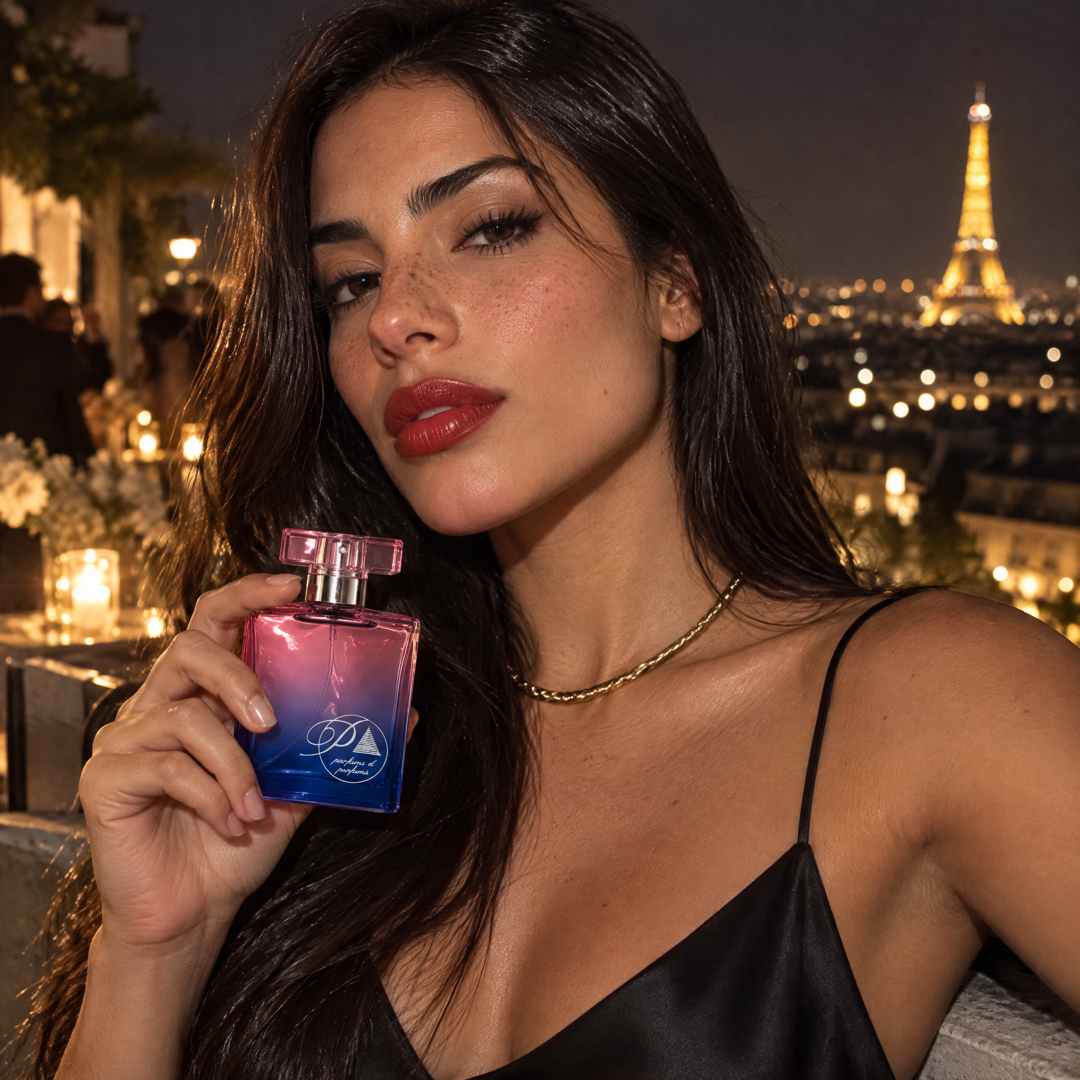 Mujer con el perfume inspirado en Scandal en una fiesta en una azotea de París